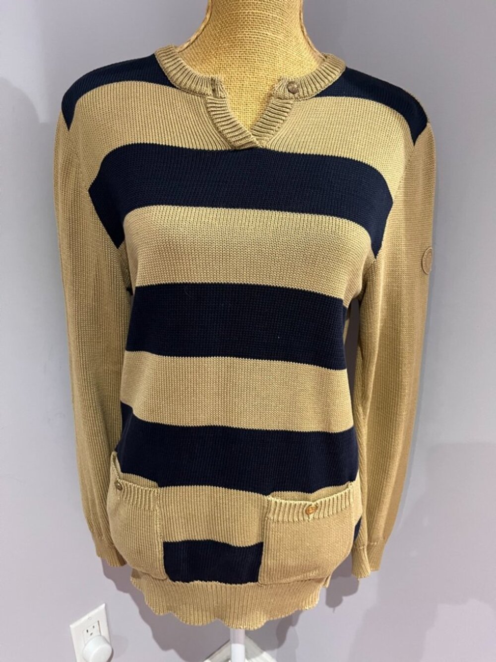 Vintage Trussardi Made in Italy Striped Knit Sweater Tan Navy Blue Womens